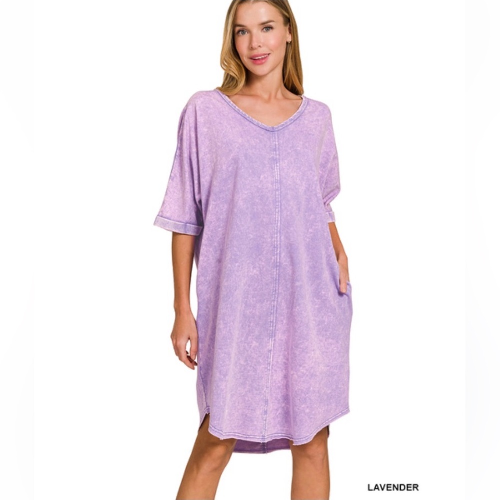 Zenana Outfitters Lavender Washed V-Neck Casual Shift Dress - New